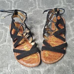 SAM EDELMAN GEMMA BLACK LEATHER GLADIATOR FLATS SANDALS WOMENS SIZE 6.5M